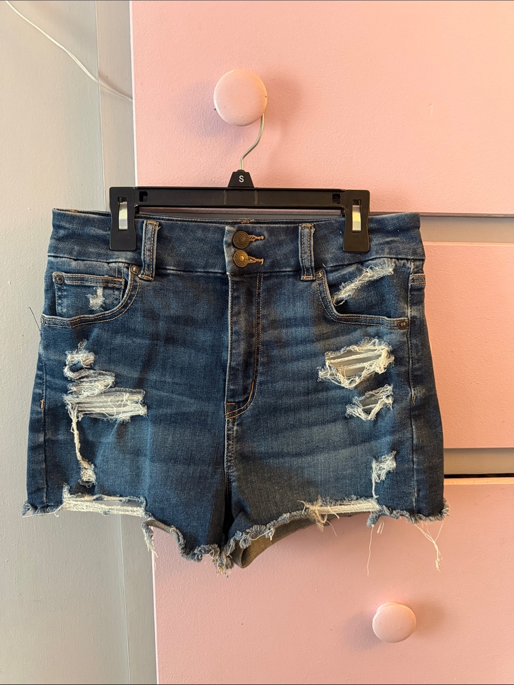 American Eagle Outfitters Distressed Dark Blue High-Rise Jean Shorts